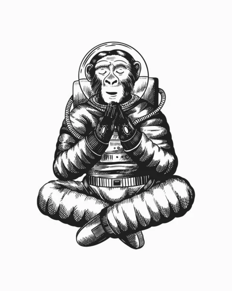 Opičí astronaut medituje v póze jógy. Šimpanzí kosmonaut postava kosmonauta. Módní zvíře. Ručně kreslený starý monochromatický náčrt. Vektorová ilustrace pro tričko, tetování — Stockový vektor