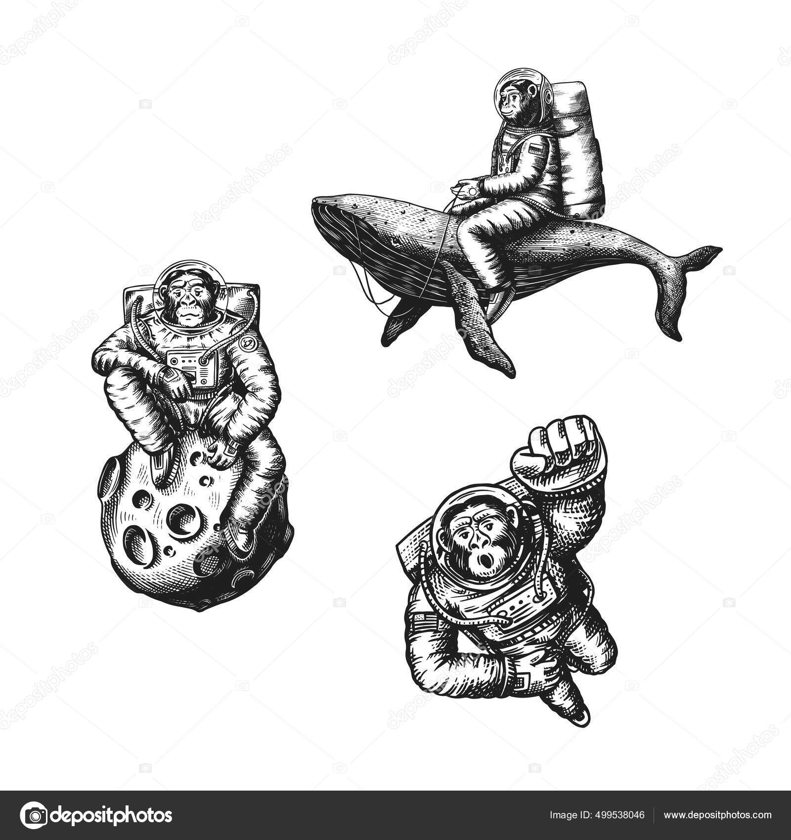 带着鲸鱼和月亮的猴子宇航员黑猩猩，宇航员，宇航员的性格。时尚的动物。手工绘制的古老的单色草图.T恤衫、纹身的矢量图解, image size:1600x1700
