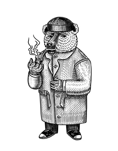 The bear smokes a pipe. Fashion character in winter Russian sheepskin coat and hat. Vintage retro look. Hand drawn sketch. Vector engraved illustration for logo and tattoo or T-shirts. — Stock Vector