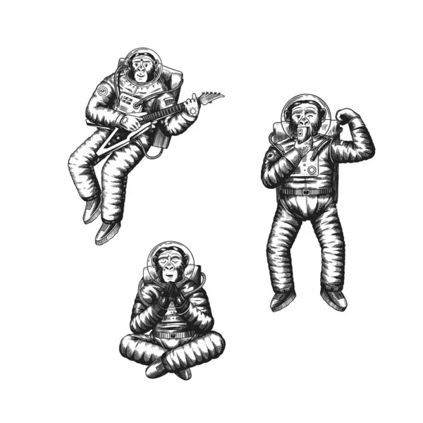 Aap astronaut aap neemt een selfie, mediteert met een gitaar. Ruimteman ruimtevaarder kosmonaut personages. Astronomische ruimte. Grappig kosmonaut avontuur. Handgetekende schets. Vectorillustratie — Stockvector