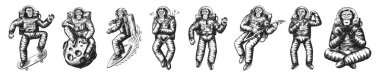 Balinası, gitarı, kaykayı ve ayı olan maymun astronot. Şempanze uzay adamı kozmonot karakterleri ayarlandı. Astronomik galaksi uzayı. Komik kozmonot maceraları keşfediyor. El çizimi eski çizim çizimi.