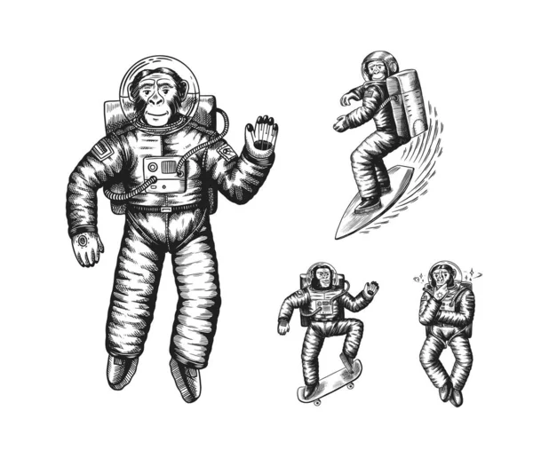 Monkey astronaut ridning skateboard och snowboard. Schimpans rymdman kosmonaut karaktär. Fashionabla djur. Handritad Graverad gammal monokrom skiss. Vektorillustration för t-shirt, tatuering — Stock vektor