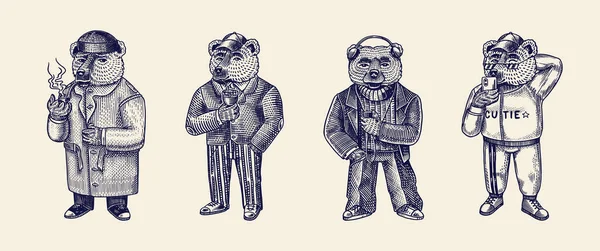 Oso en traje vintage. Caballero victoriano escuchando música con auriculares y practicando deportes. Personaje animal de moda en chaqueta de tweed. Dibujo dibujado a mano. Mirada retro. Vector para camisetas de tatuaje. — Archivo Imágenes Vectoriales