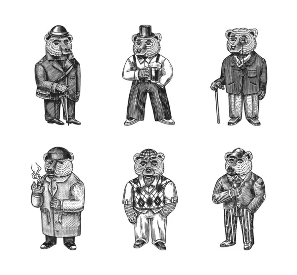 Медведь в винтажном костюме с пивом. Мода животных характер в твидовом пиджаке. Ручной рисунок. Ретро-взгляд. Векторная гравировка для логотипа и татуировок или футболок. — стоковый вектор
