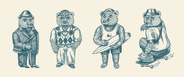 Медведь в винтажном костюме. Мода животных характер в твидовом пиджаке. Ручной рисунок. Ретро-взгляд. Векторная гравировка для логотипа и татуировок или футболок. — стоковый вектор