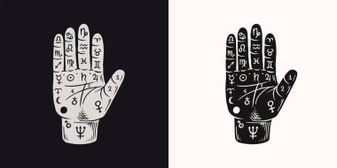 Mistik büyü el falı. Dövme için esrarengiz ya da simya eskizi. Kader avucunun içinde. El Çizimi Resim Çizimi.