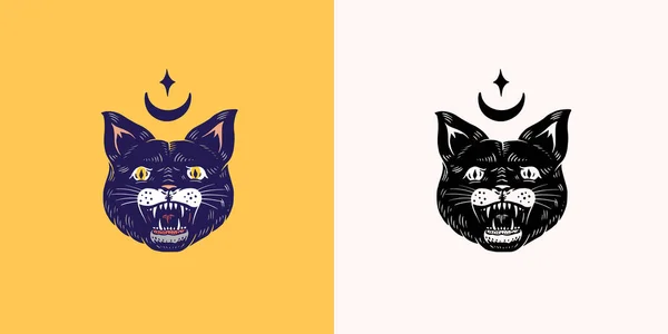 Gato bruxo negro. Animal místico assustador do mal. Ilustração vetorial de Halloween. Desenho gravado à mão do doodle para tatuagem ou t-shirt e banner . —  Vetores de Stock