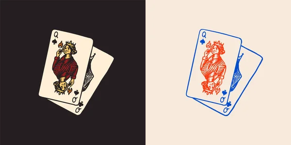 Jouer aux cartes dans le style vintage doodle. Spades Queen. Croquis gribouillé dessiné à la main. Illustration vectorielle pour tatouage ou t-shirt . — Image vectorielle