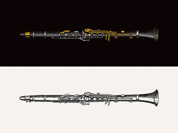 Джазова флейта. Векторні ілюстрації класична вітрова труба. Музичний інструмент у стилі каракулі. Ручний намальований монохромний гравірований ескіз для вінтажного логотипу, ретро емблеми або плаката . — стоковий вектор