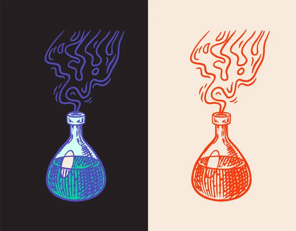 Heksendrankje. Mystieke alchemie drinken in een fles. Astrologisch symbool. Magische Boho illustratie. Handgegraveerde schets voor tatoeage of t-shirt. — Stockvector