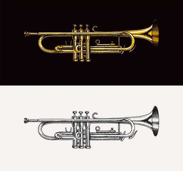 Trombeta de instrumento de jazz. Ilustração vetorial aparelho musical vento clássico em estilo doodle esboço. Esboço gravado monocromático desenhado à mão para logotipo do vintage, emblema retro ou cartaz . — Vetor de Stock