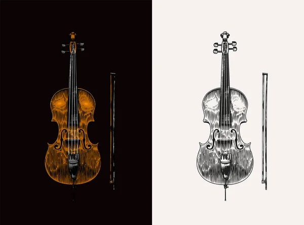 ジャズチェロとモノクロームの刻まれたヴィンテージスタイルで弓。ブルースとラグタイムフェスティバルのポスターのための手描きのバイオロンチェロスケッチ。伝統楽器. — ストックベクタ