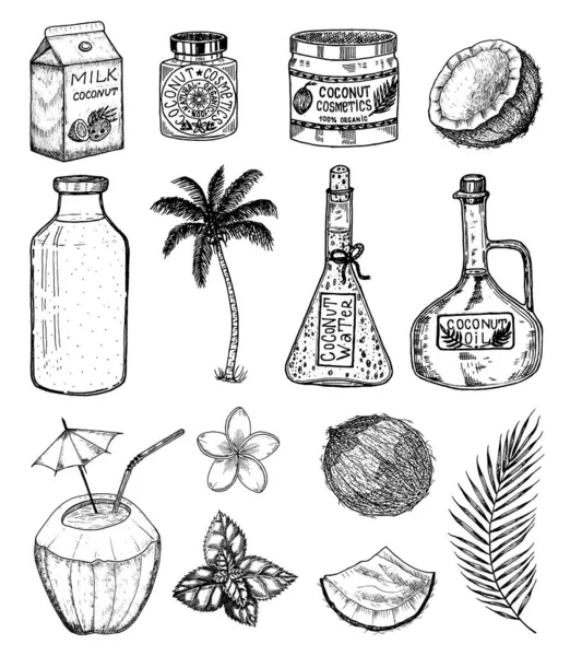 Кокосовый и пальмовый лист, Молочная упаковка, стеклянная бутылка, масло, банка косметических кремов, коктейль с зонтиком. Винтажный стиль. Тропическая пищевая иллюстрация — стоковый вектор