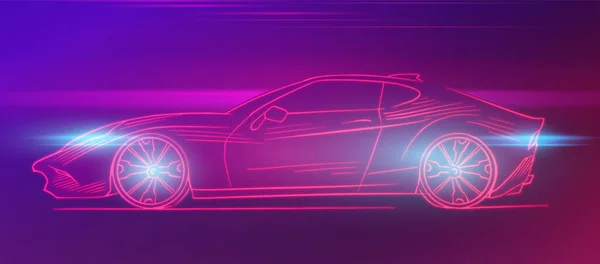 Futuristické sportovní auto. Neonový koncept. Žhnoucí elektrické virtuální ovládání. Provoz na silnici. Minimalistické pozadí pro rozhraní nebo logo, banner. Vektorová ilustrace. Boční pohled. — Stockový vektor