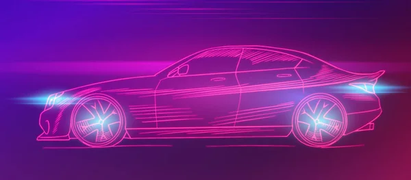 Futuristischer Sportwagen. Neon Konzept. Glühende elektrische virtuelle Steuerung. Verkehr auf einer Straße. Minimalistischer Hintergrund für Schnittstelle oder Logo, Banner. Vektorillustration. Seitenansicht. — Stockvektor