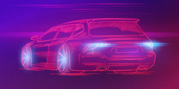 Futuristische sportwagen. Neon concept. Gloeiende elektrische virtuele besturing. Verkeer op de weg. Minimalistische achtergrond voor interface of logo, banner. Vector illustratie. Zijaanzicht. — Stockvector