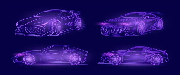 Futuristischer Sportwagen. Neon Konzept. Glühende elektrische virtuelle Steuerung. Verkehr auf einer Straße. Minimalistischer Hintergrund für Schnittstelle oder Logo, Banner. Vektorillustration. Seitenansicht. — Stockvektor