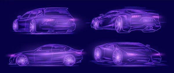 Futuristisk sportbil. Neonkoncept. Glödande elektrisk virtuell kontroll. Trafik på en väg. Minimalistisk bakgrund för gränssnitt eller logotyp, banner. Vektorillustration. Sidovy. — Stock vektor