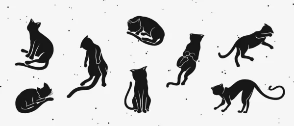 Silueta de los gatos. Gatitos graciosos de garabatos en diferentes poses para logo, estampado o pegatina decorativa. — Vector de stock
