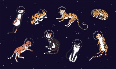 Uzayda Şirin Kediler. Gökyüzündeki astronot hayvan, yıldızların arka planına karşı. Farklı pozlarda komik karalama yapan kediler..