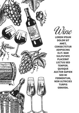 Şarap posteri ya da üzüm bağı afişi. Şampanya arkaplanı, tost ve üzüm. Bar, alkol etiketi, restoran menüsü için el çizimi eski bir eskiz..