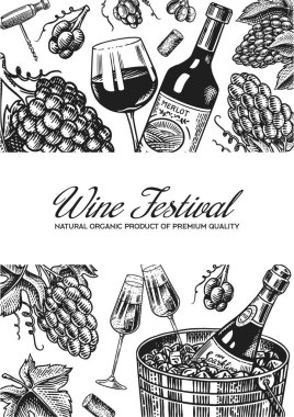 Şarap posteri ya da üzüm bağı afişi. Şampanya arkaplanı, tost ve üzüm. Bar, alkol etiketi, restoran menüsü için el çizimi eski bir eskiz..
