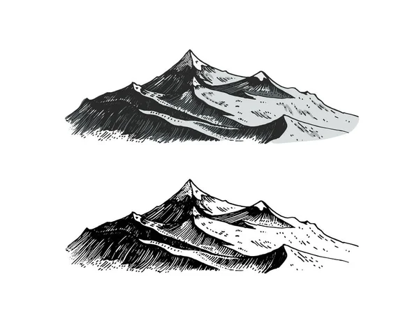 Berggipfel. Althügel. Vintage, von Hand gezeichnet. Gravierter Stil. Skizze zum Wandern, Klettern. Doodle-Stil — Stockvektor