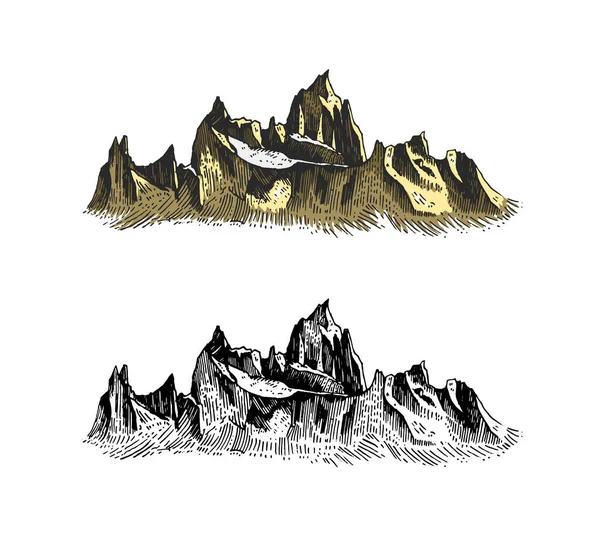 Montanhas picos. Old Hill. Vintage, com ar de mão desenhada. Estilo gravado. Esboço para caminhadas, escalada. Estilo doodle — Vetor de Stock