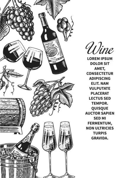 Şarap posteri ya da üzüm bağı afişi. Şampanya arkaplanı, tost ve üzüm. Bar, alkol etiketi, restoran menüsü için el çizimi eski bir eskiz..