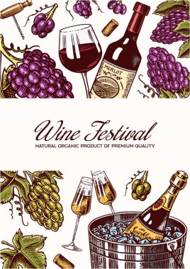 Şarap posteri ya da üzüm bağı afişi. Şampanya arkaplanı, tost ve üzüm. Bar, alkol etiketi, restoran menüsü için el çizimi eski bir eskiz..