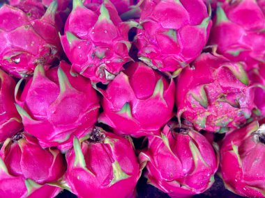 Titlea 'nın canlı görüntüsü, pazarda yeşil uçlu meyveli, olgun, pembe bir ejderha meyvesi kümesi gösteriyor.