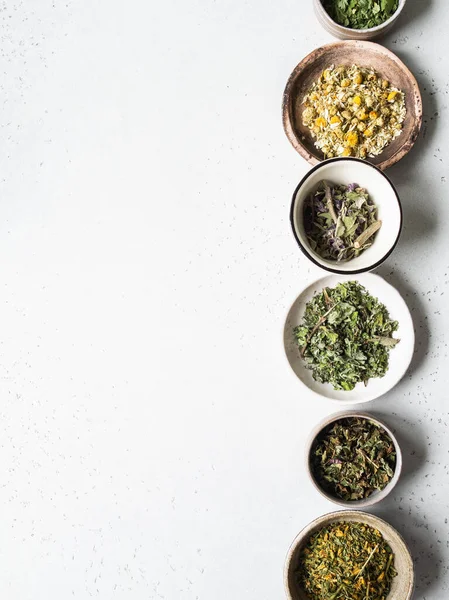 Various Dry Healthy Herbs Plant Flowers Brewing Herbal Tea Bowls — Stock Photo, Image