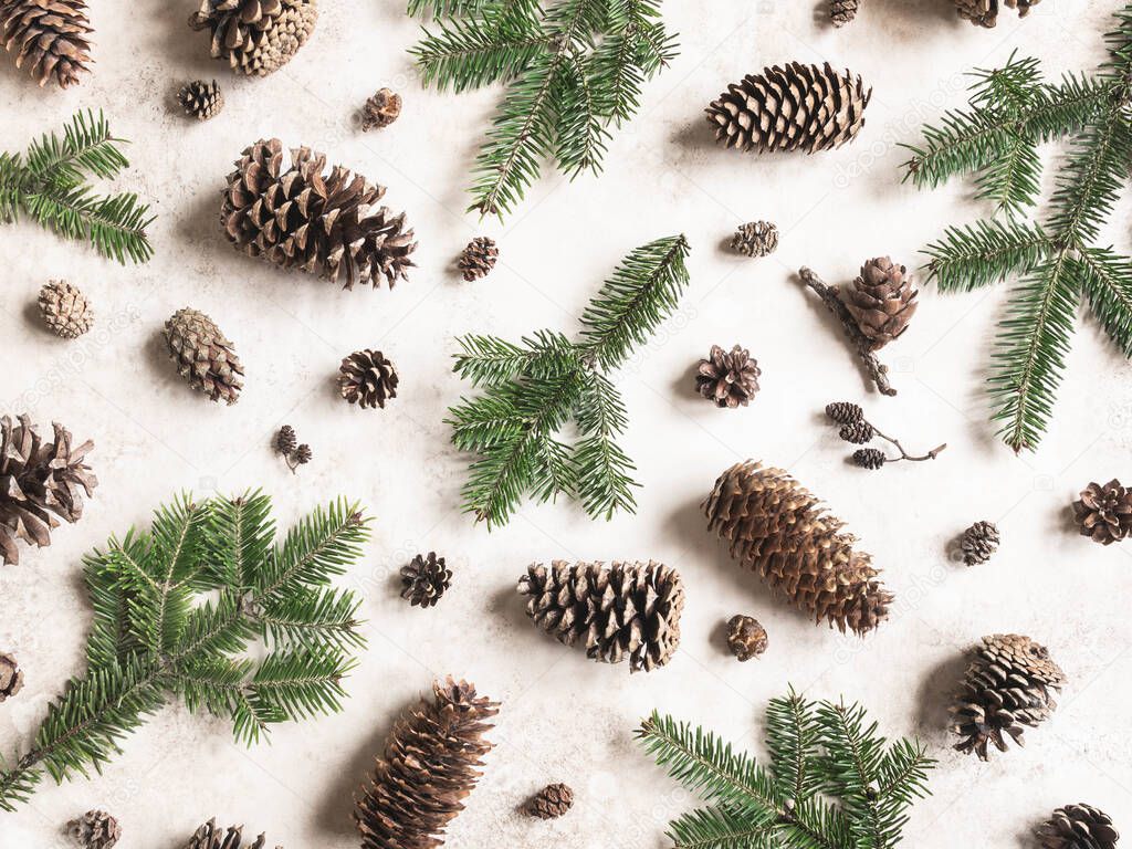 Collection of various conifers cones and branches on brown background. Christmas set various cones of sequoia, pine, spruce, fir. Botanical evergreen flat lay.