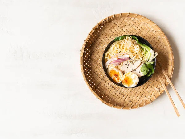 Chicken Ramen Noodle Soup Meat Bok Choy Mushrooms Egg Black — Stock Photo, Image