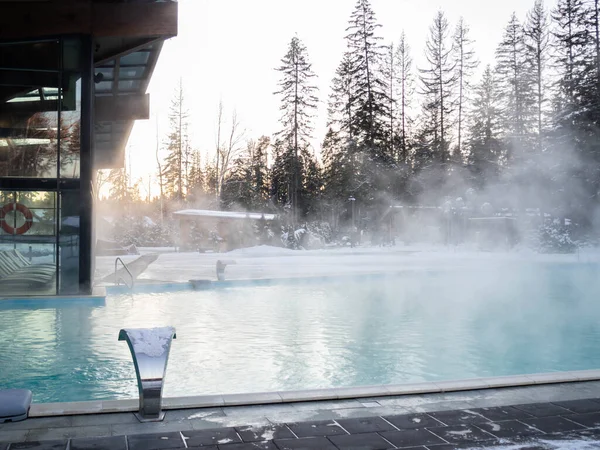 Heated pool in winter with vapors