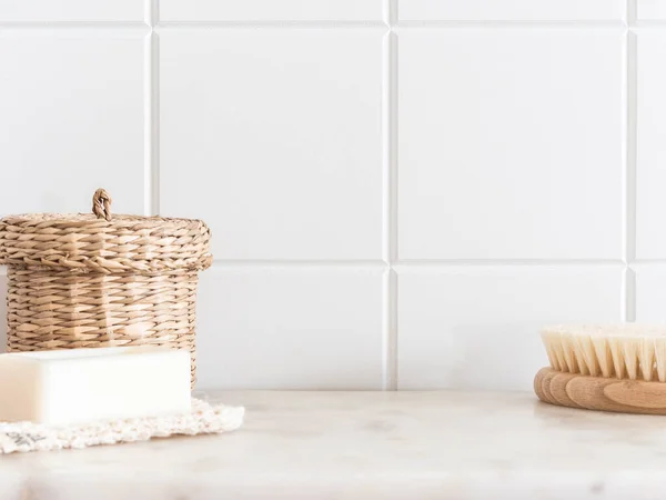 Fond Bain Vue Face Avec Boîte Paille Brosse Bois Pour — Photo