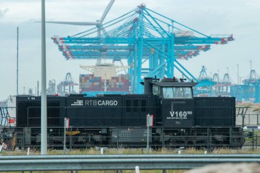 Maasvlakte, Rotterdam Limanı, Hollanda - 22 Ekim 2020: kargo konteynırlarını kamyonlara taşıyan ağır yük vinçlerinden geçen yük treni