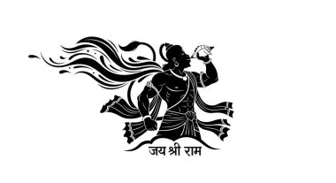 Dinamik kuyruk tasarımı ve Jai Shri Ram senaryosuyla deniz kabuğu üfleyen stilize edilmiş Hanuman. Kültürel ve manevi projeler için çarpıcı siyah beyaz grafik.