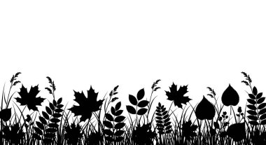 Çimen ve yapraklardan oluşan siyah siluet, temiz beyaz bir arkaplan üzerine kurulmuş. Tasarım projenize organik ve doğal bir dokunuş eklemek için mükemmel..