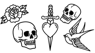 Kafatasları, hançerle delinmiş bir kalp, uçan bir kuş ve bir gül gibi klasik dövme tasarımları koleksiyonu. Hepsi geleneksel siyah beyaz çizgili..