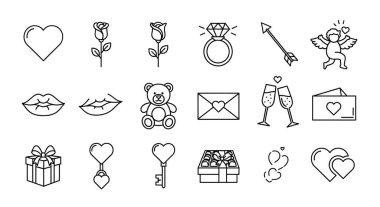 Sevgi ve romantizmi dijital tasarımlarda ifade etmek için mükemmel olan Sevgililer Günü için basit satır simgeleri..