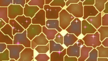 Parlak yıldızlı ve dinamik parlak efektli altın bal peteği deseni lüks ve canlı soyut bir arka plan animasyonu yaratıyor..