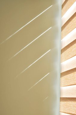 Modern plastik pencere kulplarının her iki tarafında zebra jaluzileri olan yakın çekim görüntüsü. Yumuşak doğal güneş ışığı sıcak tonlar yaratır ve temiz iç tasarımı ön plana çıkarır. Ev geliştirme konuları, pencere kurulumu, iç tasarım kavramları için ideal