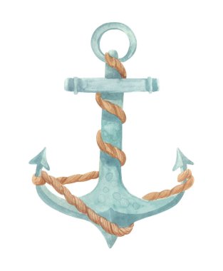 Eski usul ipe sarılı çapa. Suluboya el çizimi çizimi. Beyaz arka planda izole edilmiş, klasik saf tarzda kahverengi ipli deniz demirinden bir çapa..