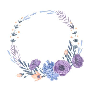 Watercolor floral wreath with purple anemones, blue hydrangea, peach flowers and berries, and soft foliage. Botanical round frame for wedding invitations, greeting cards, branding, and seasonal decor.