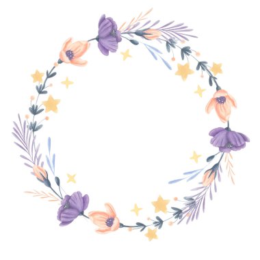 Mor ve şeftali çiçekli el boyası suluboya çelenk, sarı yıldızlar ve beyaza izole edilmiş mavi yapraklar. Düğün davetiyeleri, bebek partileri ve tebrik kartları için botanik çerçevesi..