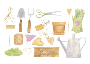 Bahçe aletleri ve aksesuarları ile suluboya kümesi: mala, yaba, makas, eldiven, tencere, sulama kutusu, bitki etiketleri vb. Bahar bahçesi projeleri, hatıra defteri ya da DIY el işi tasarımları için ideal