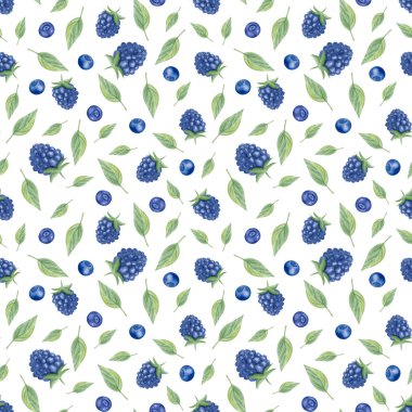 Beyaz arka planda böğürtlenli, yaban mersinli ve yeşil yapraklı suluboya. Tekstil baskıları, ambalaj kağıtları, mutfak dekorasyonu için kırsal tarzda botanik dut tasarımı