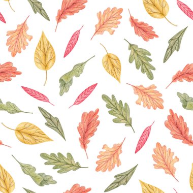Renkli sonbahar yapraklarıyla renksiz çizilmiş kalem el deseni. Şükran Günü, hasat festivali, tatil ambalaj kağıdı ve mutfak tekstili için sonbahar yapraklı mevsimlik tekrarlanabilir tasarım..