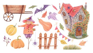 Kadim perili ev, korkuluk, balkabağı, yarasa, hayalet, örümcek, sonbahar yaprakları, ahşap araba ve çitle el çizimi Cadılar Bayramı illüstrasyonu. Tatil tasarımı, kartlar, posterler için şirin ürkütücü bir klişe seti..